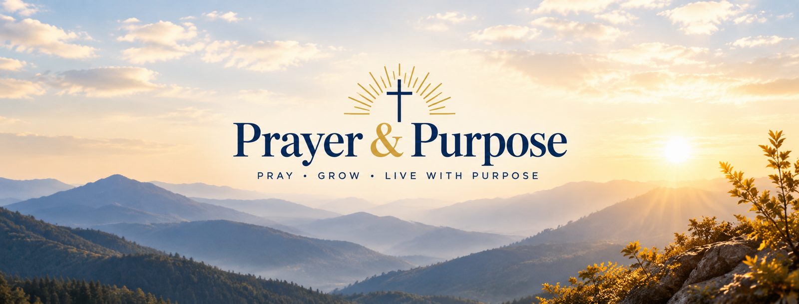 Sunrise over misty mountains with the Prayer & Purpose logo